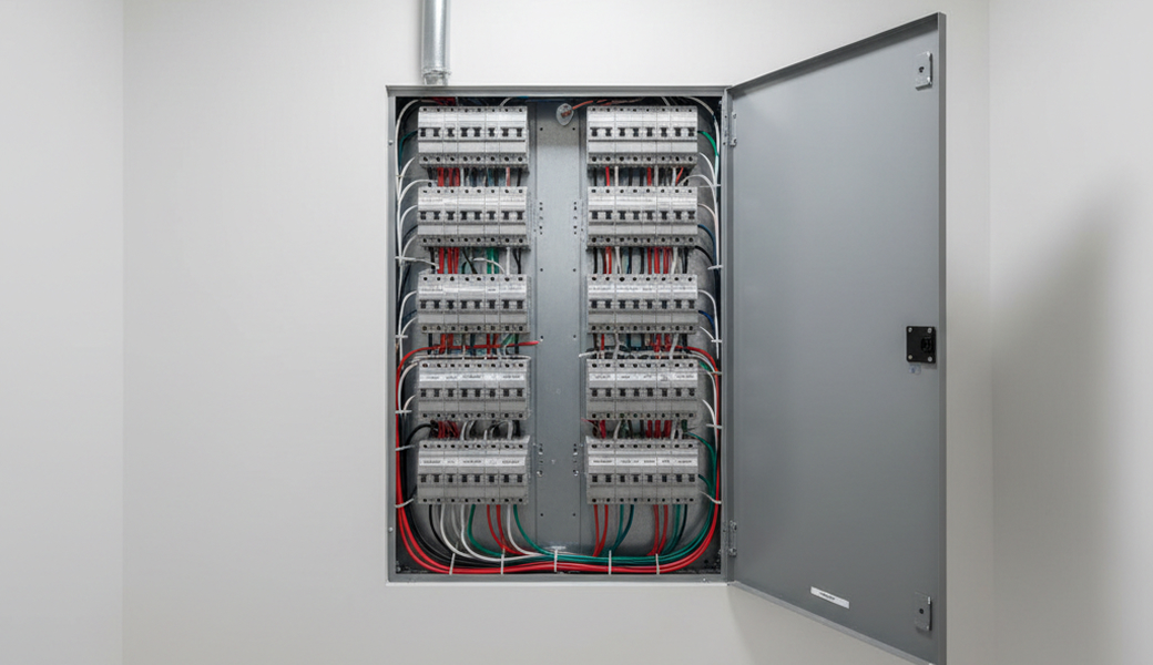 Licensed electrician performing electric panel upgrade work for Electricians Service Team