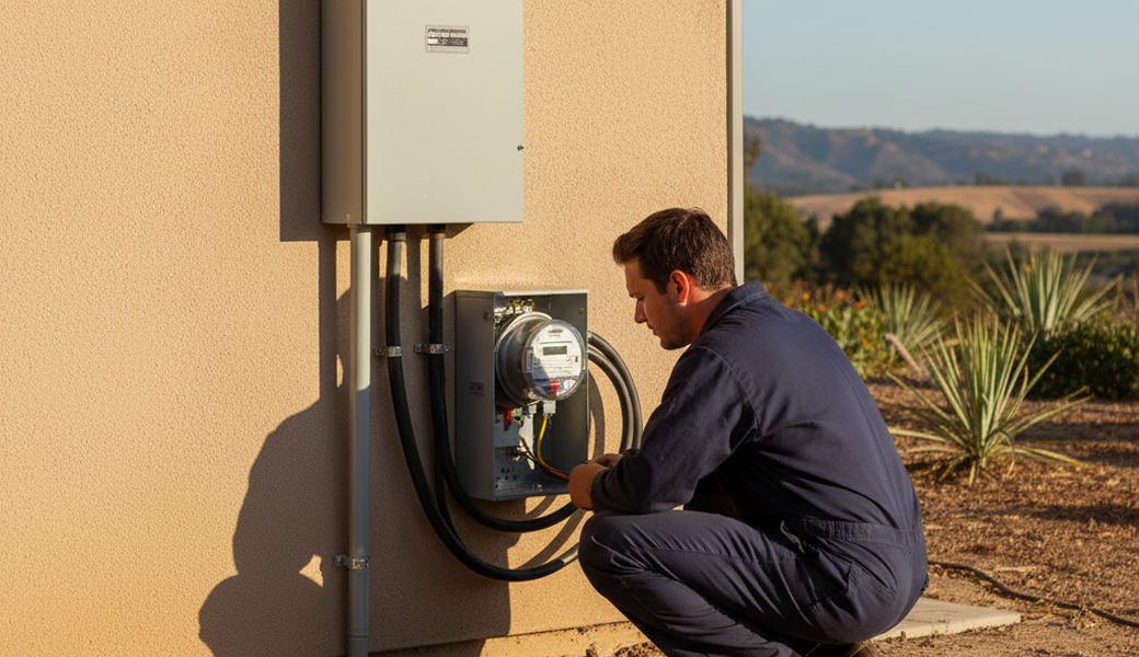 Electricians Service Team technician completing electric panel upgrade on site