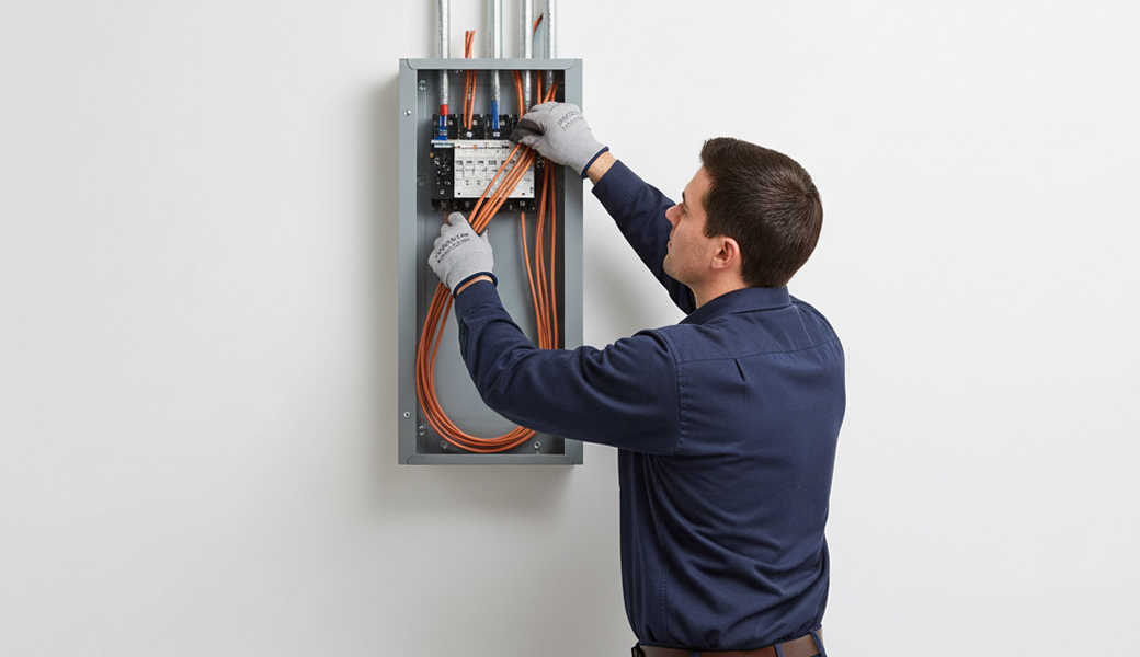 Electricians Service Team crew member working on electric panel upgrade