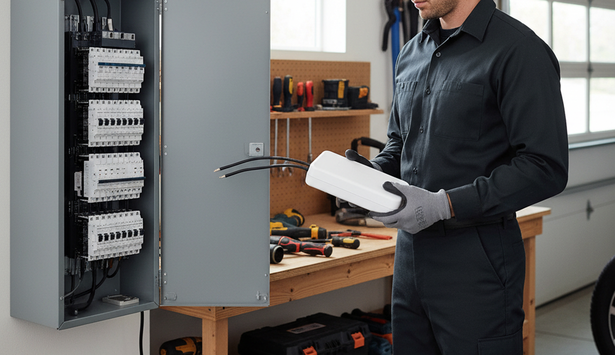 Electricians Service Team technician completing whole house surge protection on site