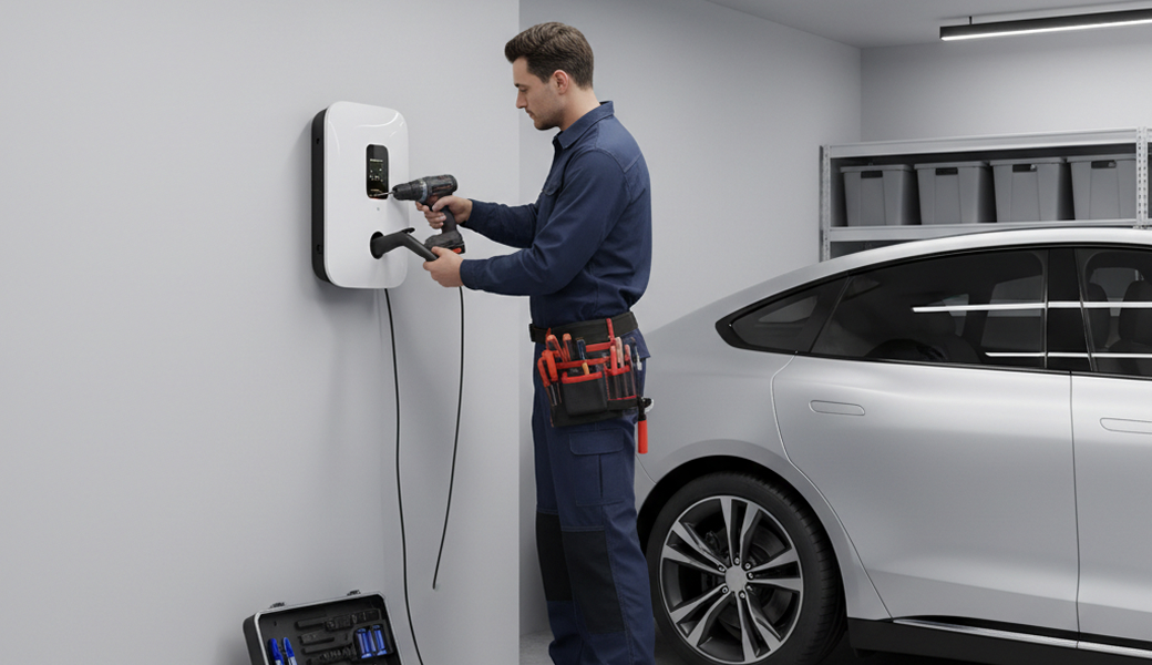 Electricians Service Team technician completing ev charger installation on site