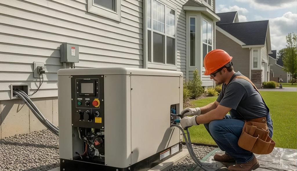 Professional electrician handling generator installation for a customer
