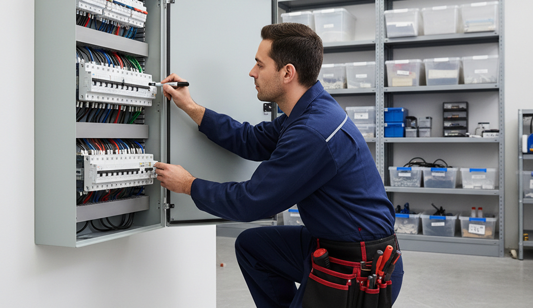 Professional electrician handling electric panel upgrade for a customer