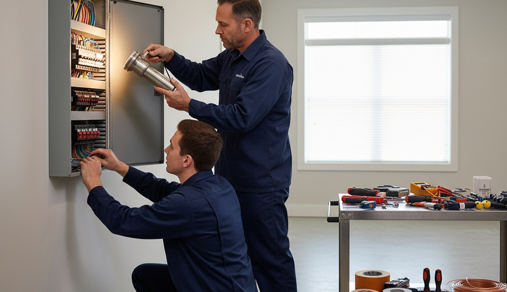 Electricians Service Team technician completing electric panel upgrade on site