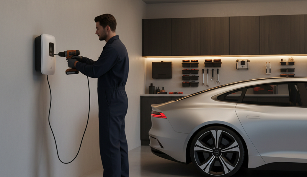 Professional electrician handling ev charger installation for a customer
