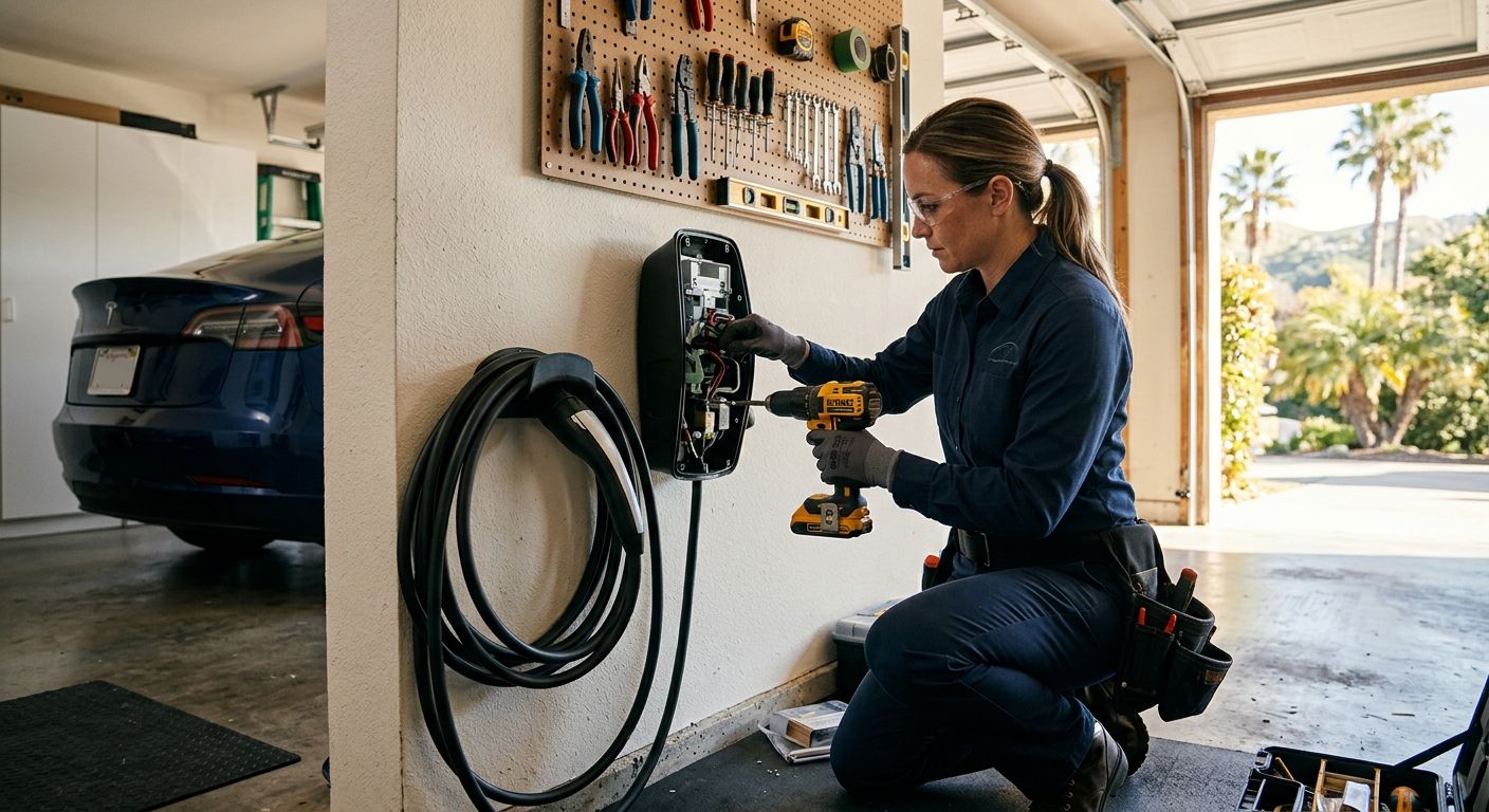 Licensed electrician installing a Tesla Wall Connector in a residential garage in Rancho Palos Verdes, California.