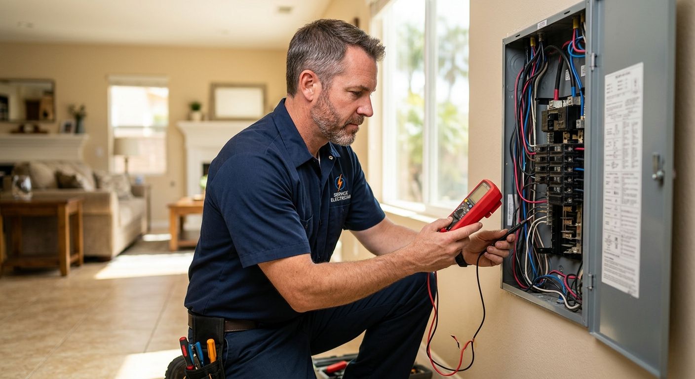 Professional licensed electrician in navy blue uniform inspecting an open electrical panel with a multimeter in a sunlit Southern California living room
