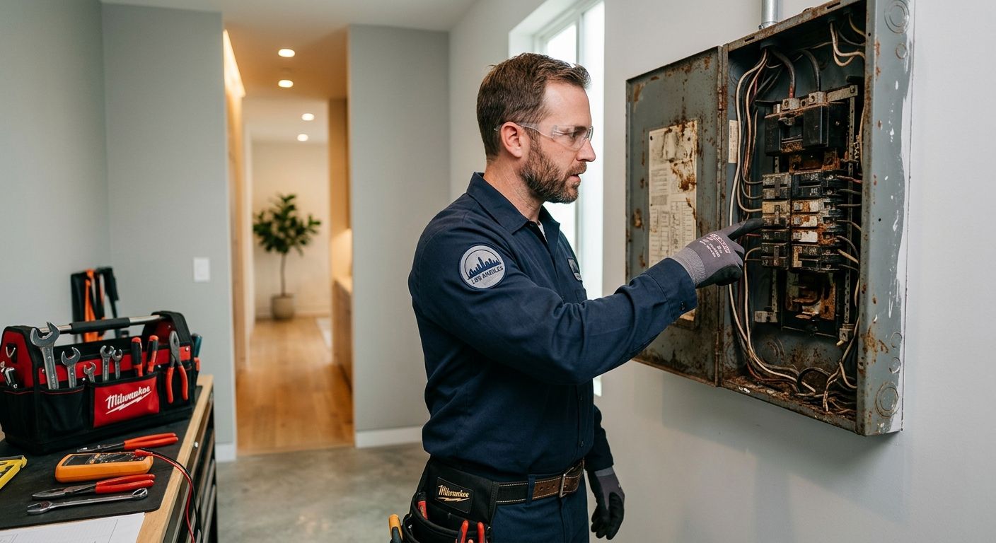 Licensed electrician inspecting a worn electrical panel in a modern Los Angeles home, highlighting the need for replacement.