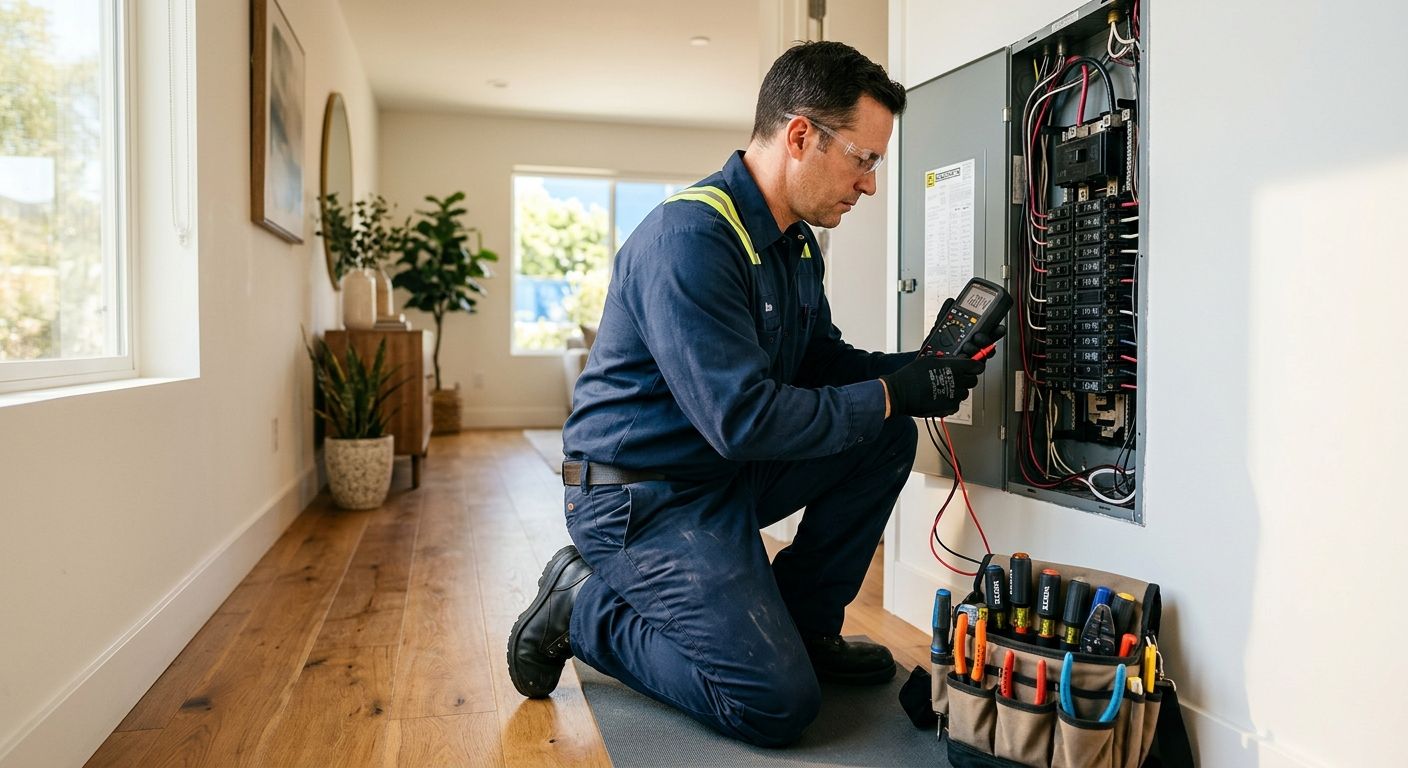 Professional electrician in uniform testing circuits with multimeter next to residential panel in sunlit Los Angeles home hallway, safety gear visible