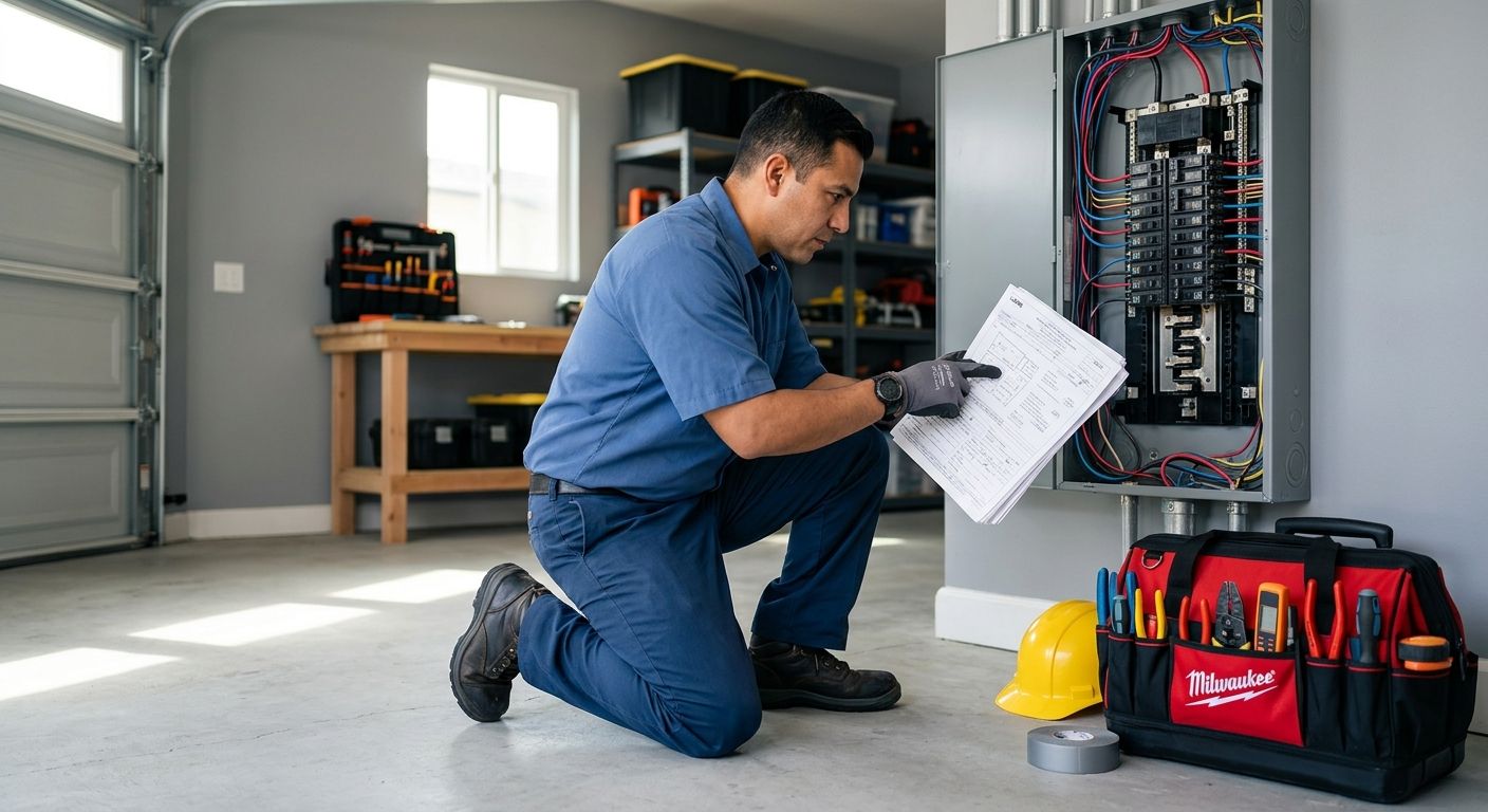 Licensed electrician in blue uniform kneeling by open electrical panel with LADBS permit paperwork in Los Angeles garage