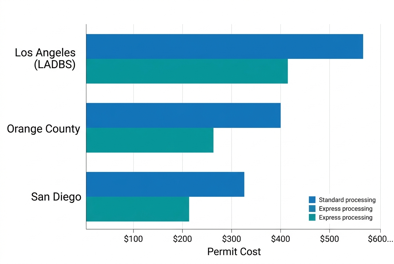 Horizontal bar chart comparing electrical panel permit costs in Los Angeles, Orange County, and San Diego