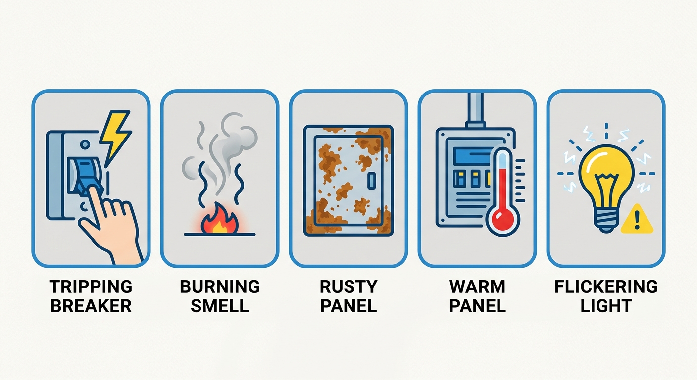 Infographic with 5 warning signs of a failing breaker box: tripping circuit breaker, burning smell, rusty panel, warm panel, and flickering light bulb.