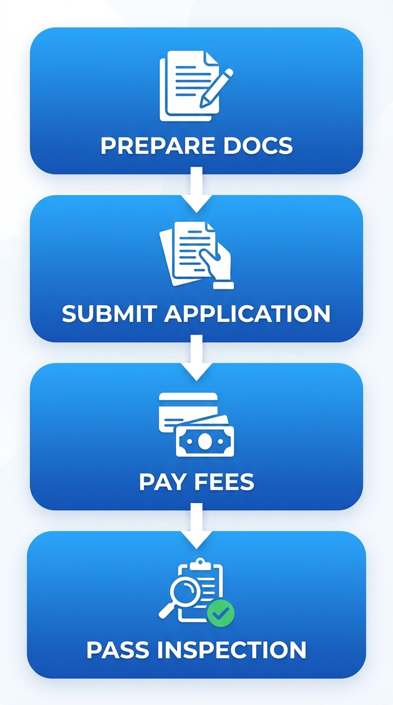 Vertical process flow diagram showing four steps to secure an LADBS electrical permit: Prepare Documents, Submit Application, Pay Fees, and Pass Inspection, with blue gradient cards and white icons connected by downward arrows.