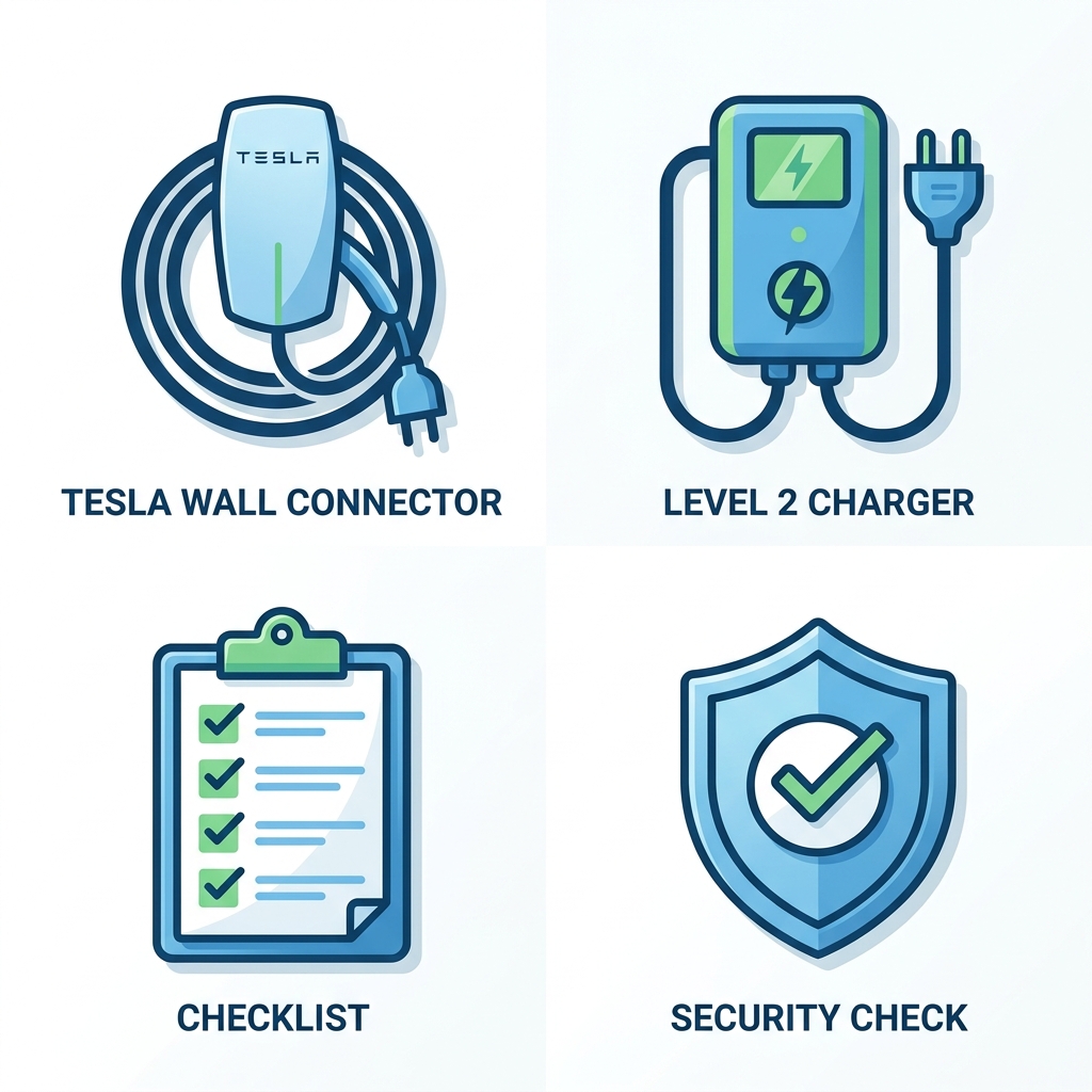 Flat icon set for EV charger installation services, featuring Tesla Wall Connector, Level 2 charger, clipboard checklist, and shield with checkmark, in blue and green tones.