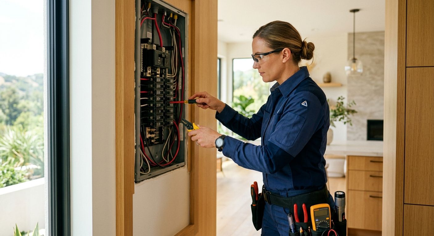 A licensed electrician in uniform inspecting a circuit panel in a bright, modern home in Thousand Oaks, California, with natural daylight and a warm atmosphere.