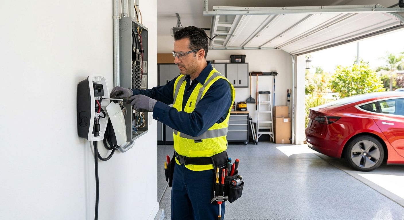 Professional photograph of a licensed electrician installing a Tesla Wall Connector in a modern Anaheim garage, sunlight streaming in, technician in uniform and safety gear, Tesla visible through garage door.