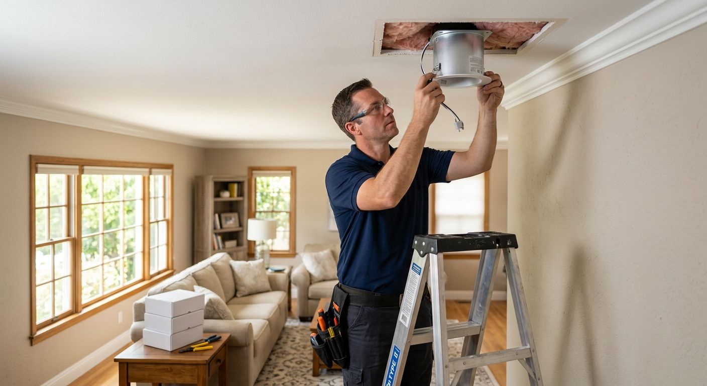 Licensed electrician installing LED recessed lighting in Pasadena living room ceiling, ladder, natural daylight, modern architecture.
