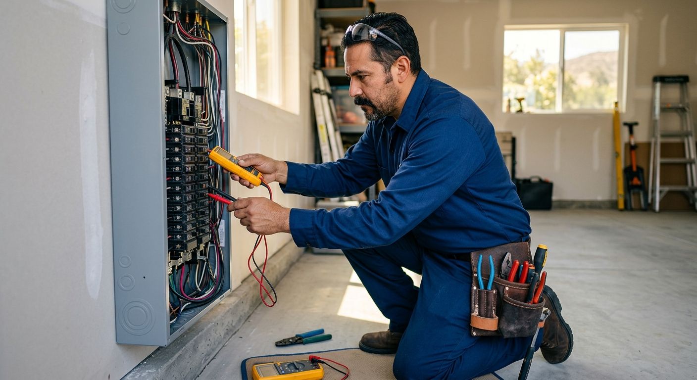 Licensed electrician inspecting a circuit breaker panel with a voltage tester in a Simi Valley home, wearing a blue uniform and safety gear, with natural daylight illuminating the scene.