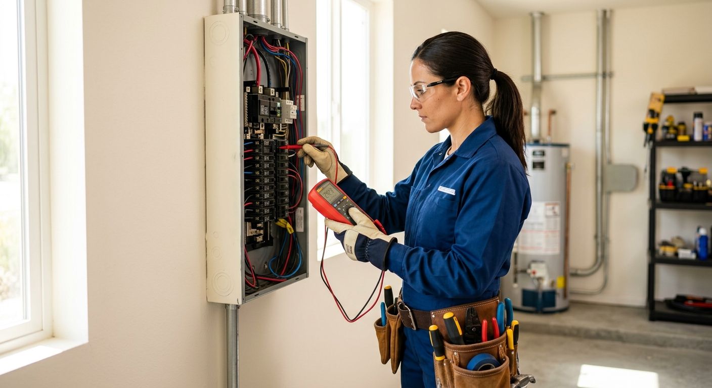 Licensed electrician in blue uniform inspecting fuse box with voltmeter in modern Moorpark home.