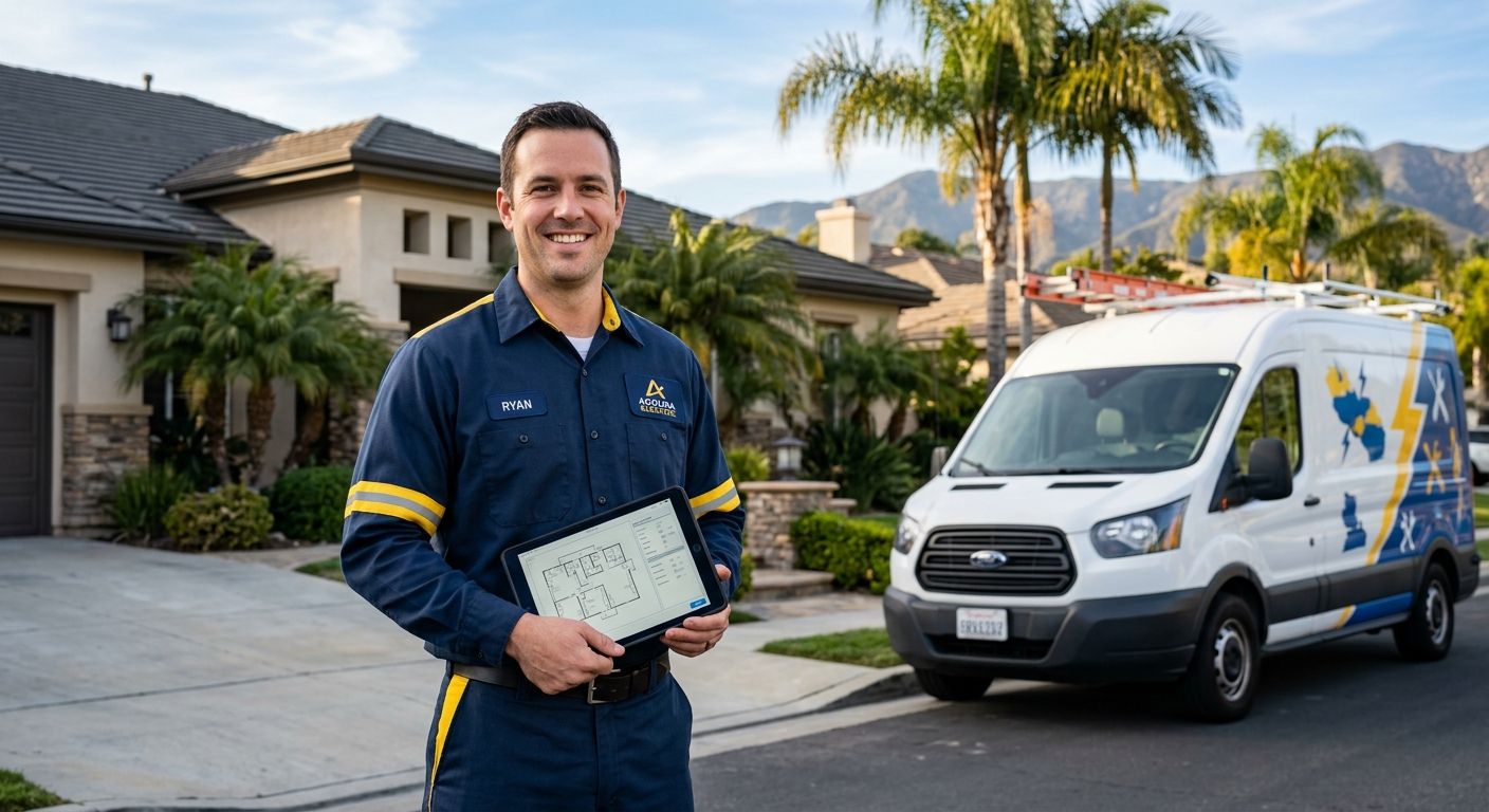 Friendly licensed electrician standing in front of a residential home in Agoura Hills, wearing a clean uniform and holding a digital tablet, with a service van in the background under clear California sky and palm trees.