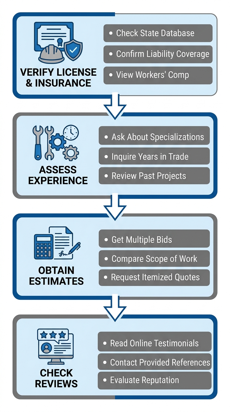 Vertical process flow illustrating the four steps to hire an electrician in Moorpark, from verifying license to checking references.