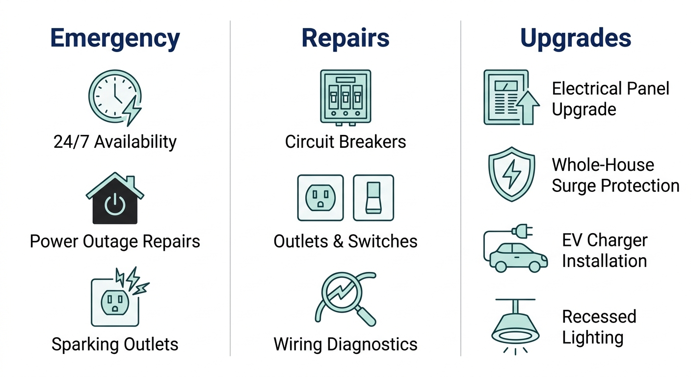 Infographic with three columns for Emergency, Repairs, and Upgrades, each with teal outlines and dark gray labels.