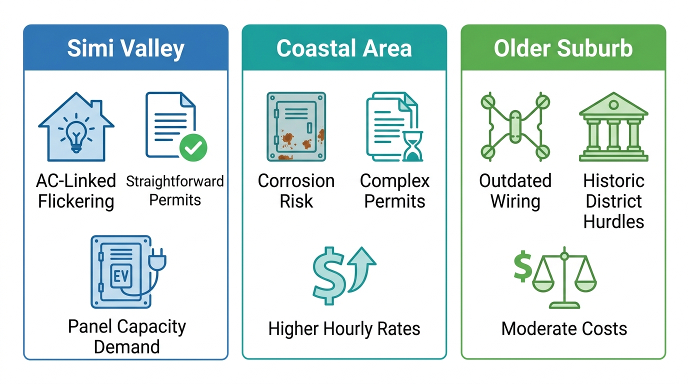 Infographic with three columns comparing electrical challenges: Simi Valley (AC-Linked Flickering, Straightforward Permits, Panel Capacity Demand), Coastal Area (Corrosion Risk, Complex Permits, Higher Hourly Rates), Older Suburb (Outdated Wiring, Historic District Hurdles, Moderate Costs).