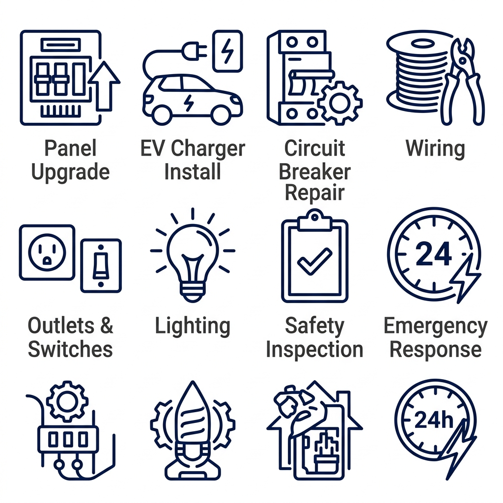 Eight flat outline icons in navy blue on white background representing electrical services: panel upgrade, EV charger install, circuit breaker repair, wiring, outlets & switches, lighting, safety inspection, and emergency response, each labeled in dark gray sans-serif text.