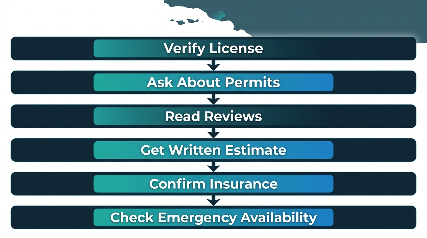 Six-step vertical infographic showing how to hire an electrician in Malibu: verify license, ask about permits, read reviews, get written estimate, confirm insurance, check emergency availability.