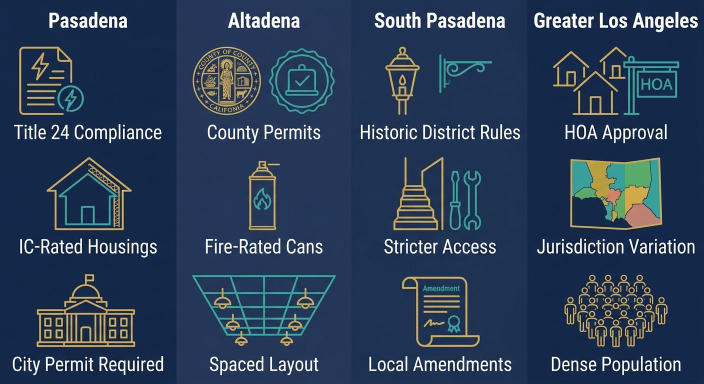 Four-column infographic comparing recessed lighting regulations across Pasadena, Altadena, South Pasadena, and Greater Los Angeles. Each column has a city header and three icon-labeled items: Title 24 Compliance, IC-Rated Housings, City Permit Required for Pasadena; County Permits, Fire-Rated Cans, Spaced Layout for Altadena; Historic District Rules, Stricter Access, Local Amendments for South Pasadena; HOA Approval, Jurisdiction Variation, Dense Population for Greater Los Angeles. Navy background, gold and teal line-art icons, white text.
