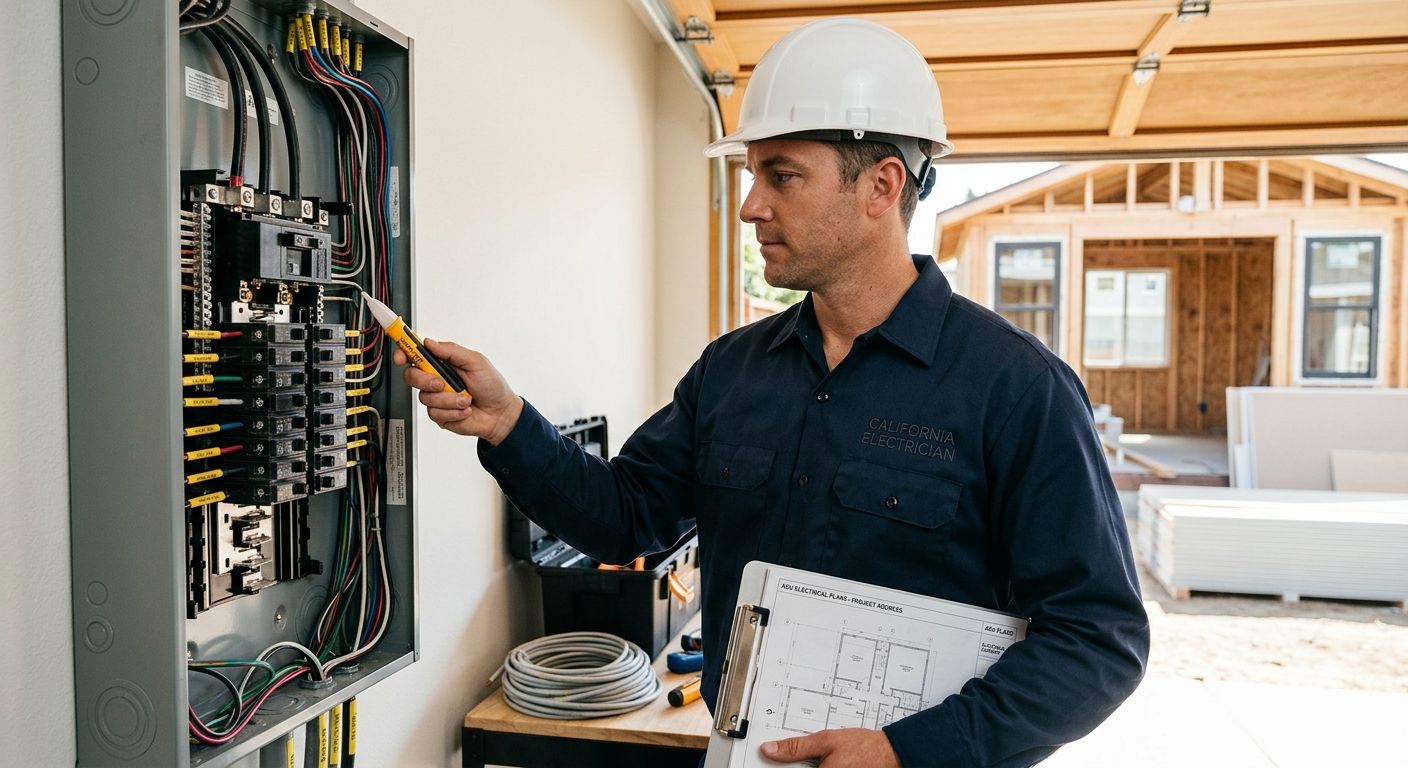 Licensed electrician inspecting a residential electrical panel in a California garage with an ADU visible in the background