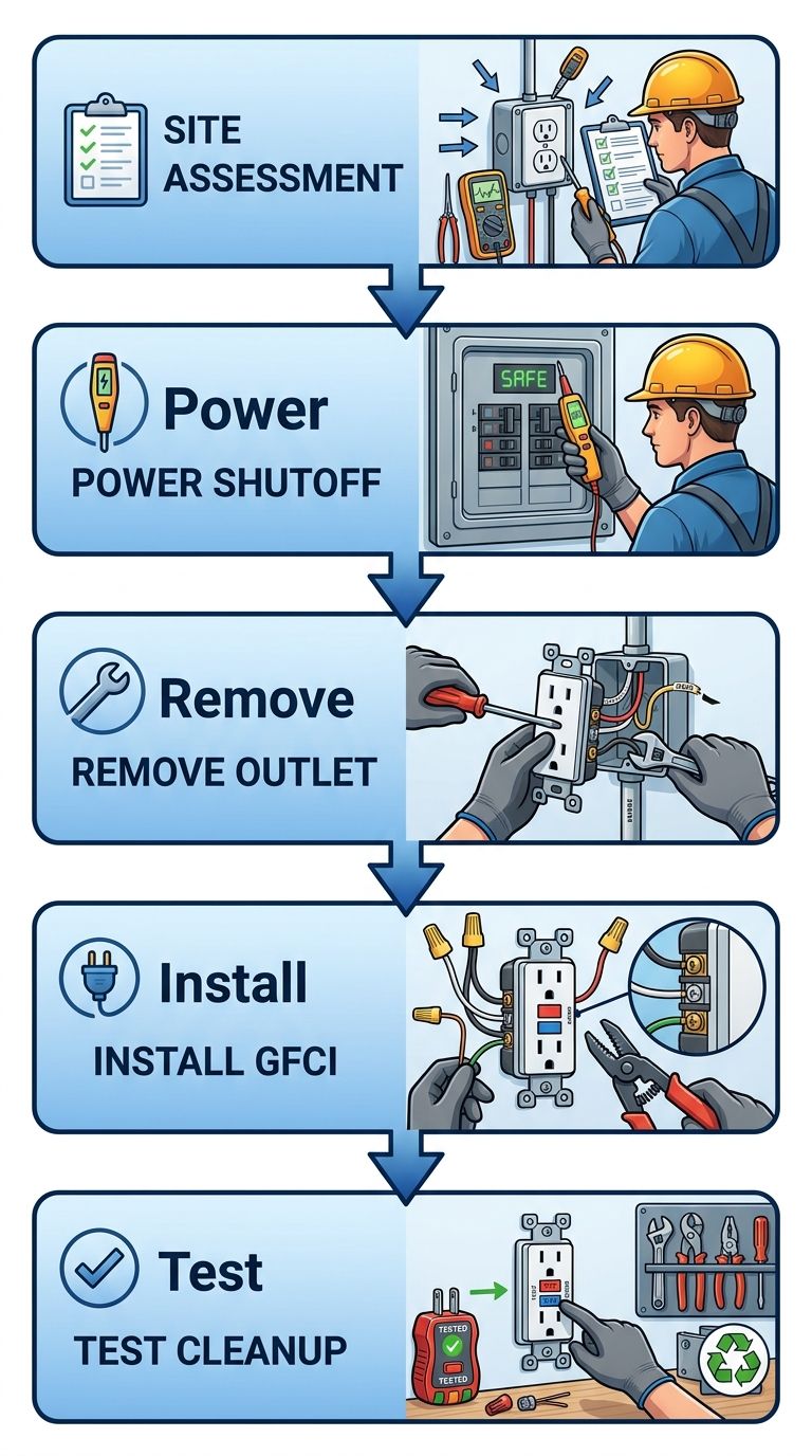 Vertical process flow diagram illustrating five stages of outlet installation: site assessment, power shutoff, removal, new installation, and testing with safety icons.