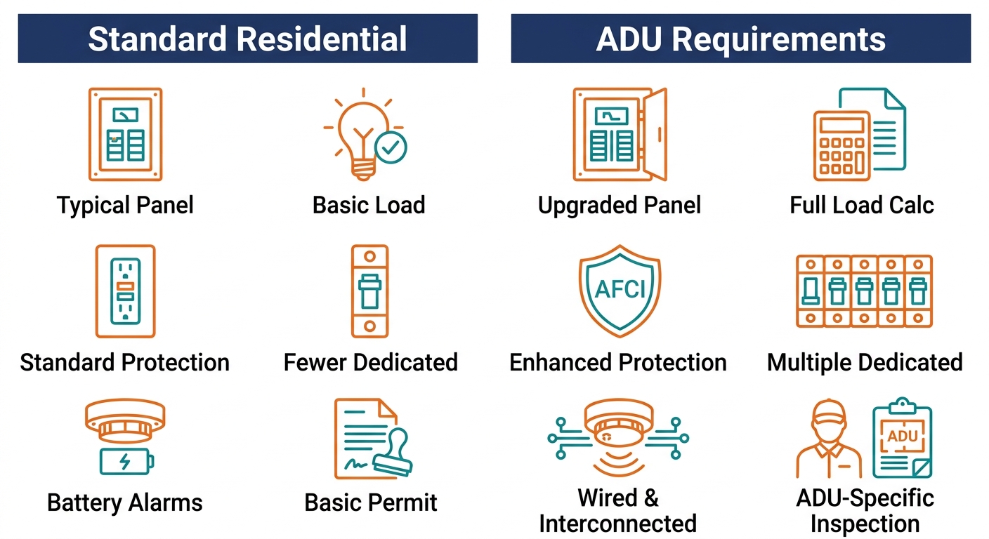 Infographic comparing standard residential and ADU electrical requirements in two columns with electrical icons.