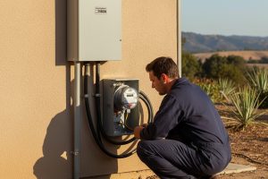 Electricians Service Team technician completing electric panel upgrade on site